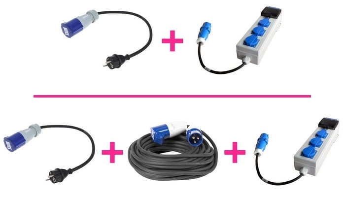 Elektrische aansluitingen met stekkers, verlengsnoer en stekkerdoos met blauwe contacten op witte achtergrond