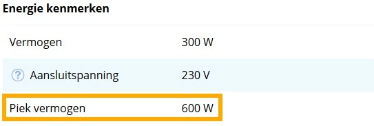 Energiespecificaties tabel van powerstation met vermogen van 300W, aansluitspanning van 230V en piek vermogen van 600W gemarkeerd in oranje kader.