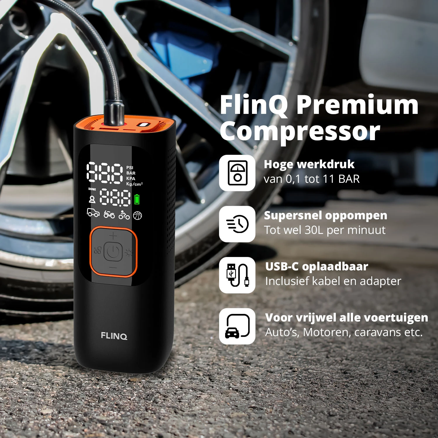 FlinQ draagbare luchtcompressor - Black/Orange