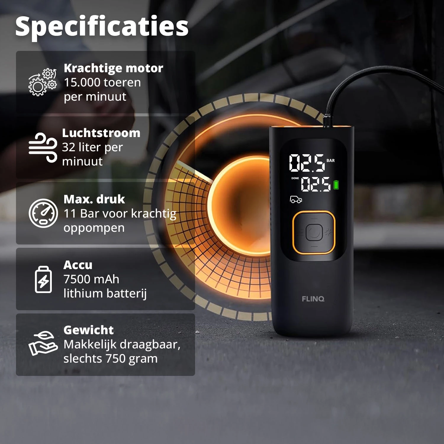 FlinQ draagbare luchtcompressor - Black/Orange