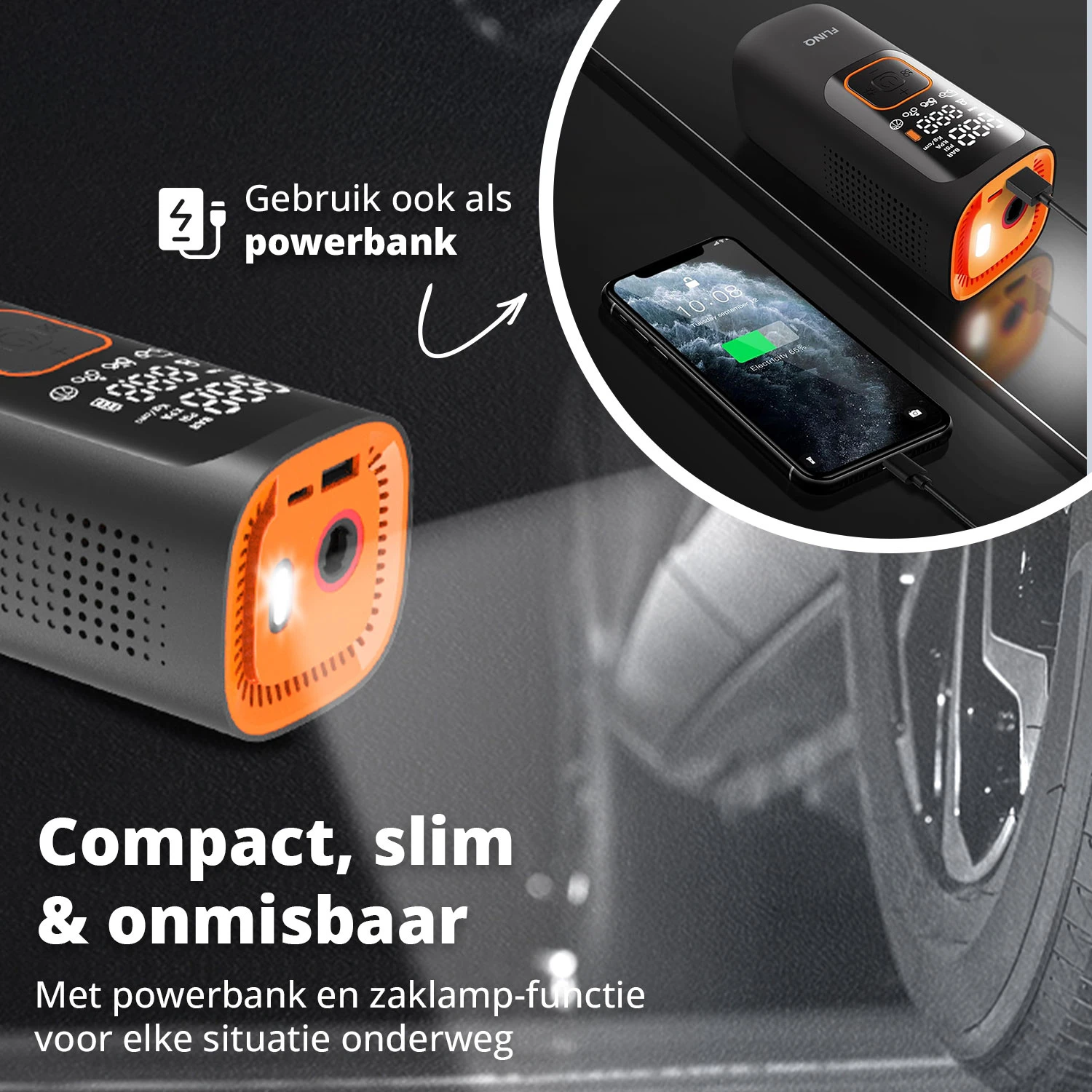 FlinQ draagbare luchtcompressor - Black/Orange