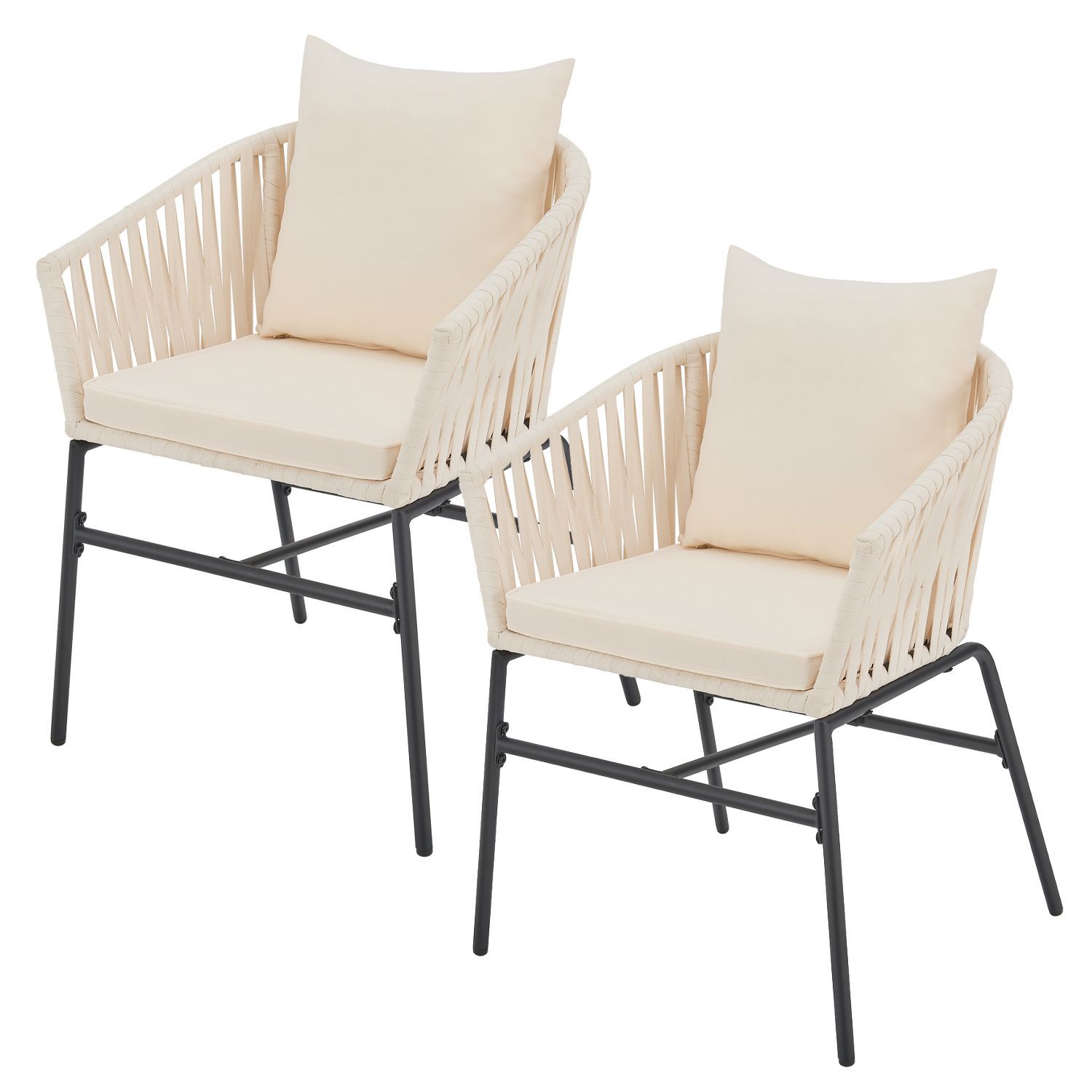 2 Tuinstoelen met touwgaas - Beige - Incl. Rug- en zitkussens