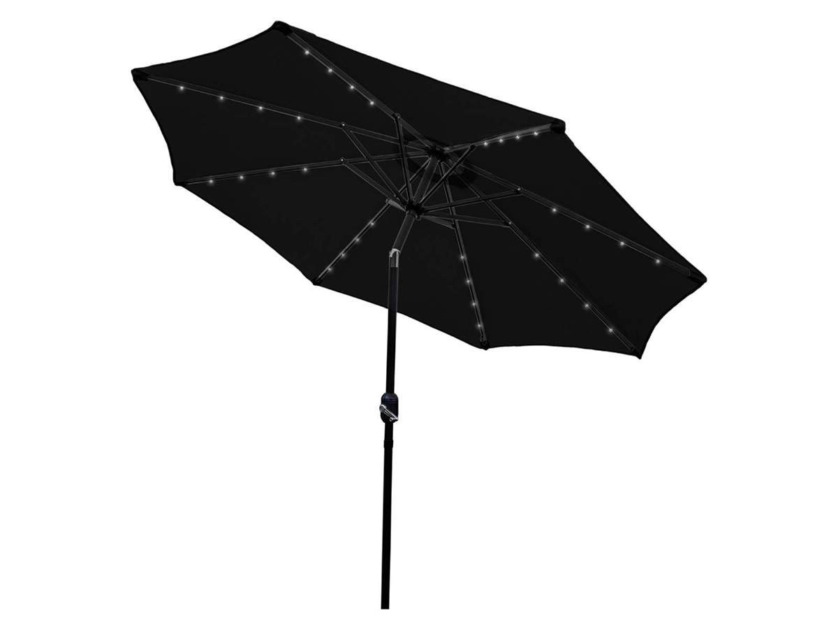 Parasol met LED verlichting 2.7 m - Kantelbaar Knikbaar - 32 Lampjes Solar Zonne-energie UV-Bescherming - Inclusief Regenhoes - Zwart