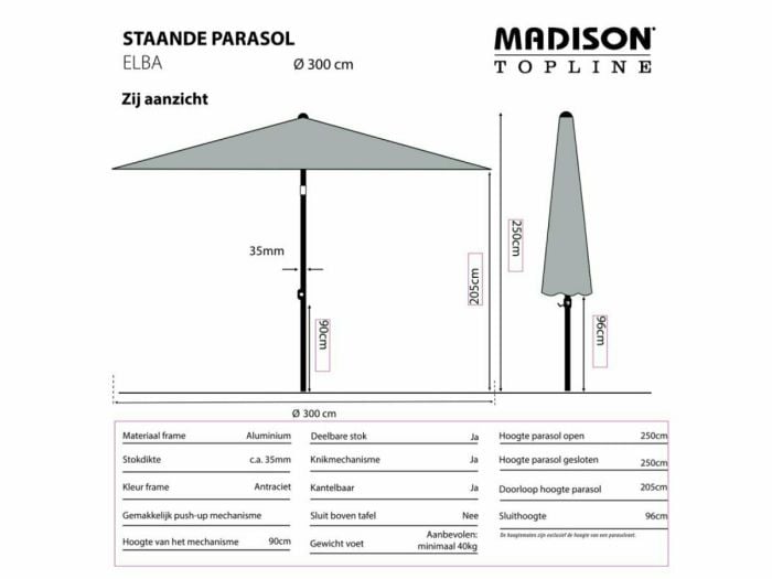 Madison Elba 300 cm push-up parasol - Grey