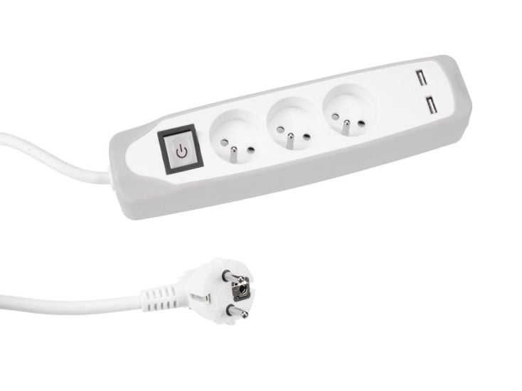 3-VOUDIGE STEKKERDOOS MET SCHAKELAAR - 2 USB-POORTEN - GRIJS/W
