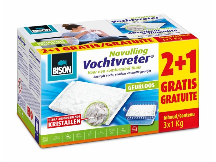Bison kristal geurloos 1kg navulling vochtvreter - 3 stuks