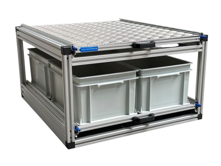 Dubbel alu schuifframe met 3 bakken en alu topplaat - 80 x 60 cm