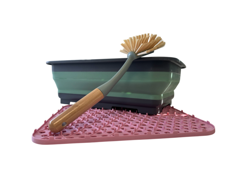 Hem afwas set bamboe borstel met afdruipmat - Pink