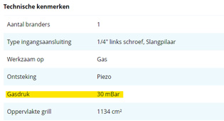 gasdruk in specificaties op productpagina